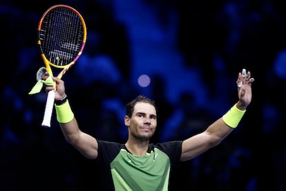 Nadal celebra la victoria contra Ruud en el Pala Alpitour de Turín.