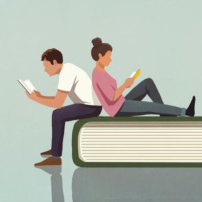 Couple reading books on large book