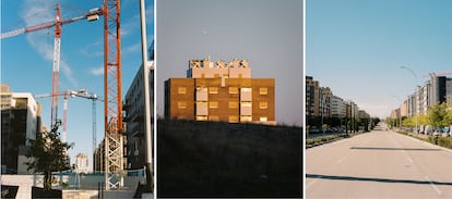 De izquierda a derecha, grúas y una torre de apartamentos en El Cañaveral y avenida desierta en el Ensanche de Vallecas.