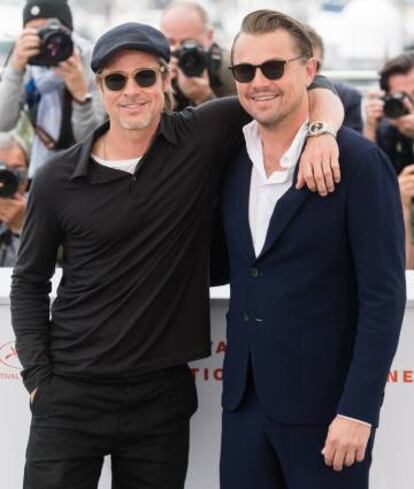Brad Pitt e Leonardo DiCaprio durante a apresentação de 'Era Uma Vez... em Hollywood', filme de Tarantino que eles protagonizam, na última edição do Festival de Cannes.