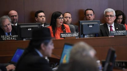 Delcy Rodríguez, ministra de exteriores venezolana, este lunes ante los países miembros de la OEA en Washington.