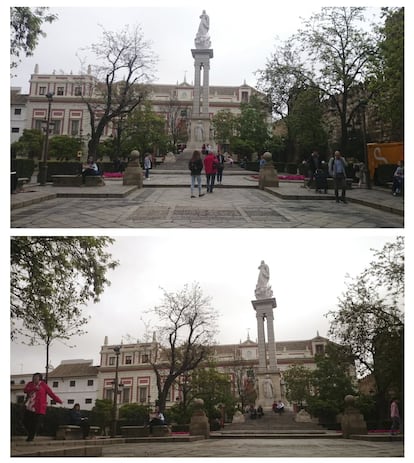 La imagen de arriba muestra la fotografía tomada por el turista accidental en la Plaza del Triunfo de Sevilla. El profesional explica que, en su imagen (abajo), ha dejado a la derecha el elemento principal, el monumento a la Inmaculada, al aplicar la regla de los tercios en composición. Se trata de dividir imaginariamente la escena en tercios horizontales y verticales. Los cuatro puntos de intersección de las líneas marcan donde se puede situar el elemento clave de la foto. Para la línea del horizonte se ha considerado el escalón, que queda totalmente horizontal. Esto es una característica que se debe procurar. Para que la composición quede equilibrada en sus elementos, en la esquina inferior izquierda aparece una mujer.