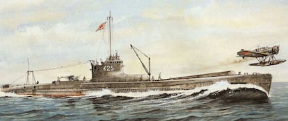 Dibujo de un submarino japonés con hidroavión de la Segunda Guerra Mundial.