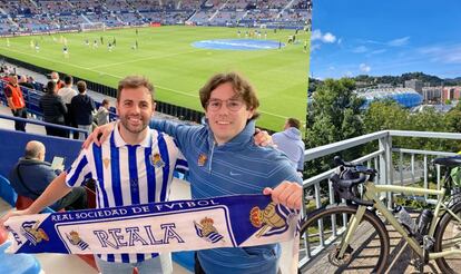 A la izquierda de la imagen, Daniel Mañero con la camiseta de la Real Sociedad junto a un amigo. A la derecha, vista del Reale Arena tras completar su viaje en bicicleta desde Valencia.