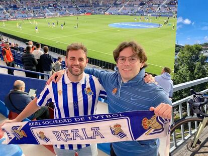 A la izquierda de la imagen, Daniel Mañero con la camiseta de la Real Sociedad junto a un amigo. A la derecha, vista del Reale Arena tras completar su viaje en bicicleta desde Valencia.