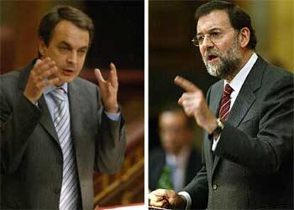 El presidente del Gobierno, José Luis Rodríguez Zapatero, y el líder del PP, Mariano Rajoy, durante sus intervenciones en el debate.
