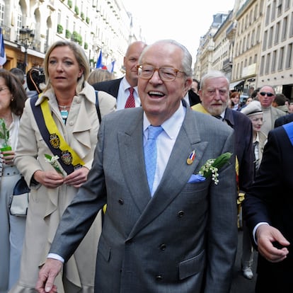 Jean-Marie Le Pen president and founder of the right wing Parti Front National (National Front Party) leads his last May Day celebration march before handing over the party reins to either his daughter Marine Le Pen or FNÕs vice president Bruno Gollnisch in January 2011 at the party congress election for the new president. The march consisting of FN party members and supporters started at lÕOpera and ends with a speech by Jean-Marie Le Pen, his 37th May day speech in front of the statue of Jeanne dÕArc. Marine Le Pen, Jean-Marie Le Pen, and Bruno Gollnisch. (Photo by John van Hasselt/Corbis via Getty Images)