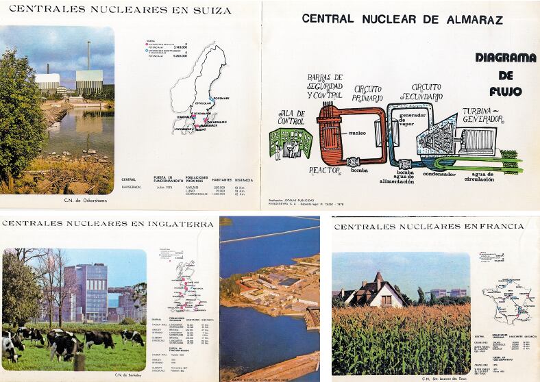 Imágenes de un folleto publicitario de Almaraz de los años 80. En él se explicaba, de un modo didáctico, el funcionamiento de la central y se destacaba la apuesta de otros países por la energía nuclear, como Suecia, Inglaterra y la gran potencia, Francia.