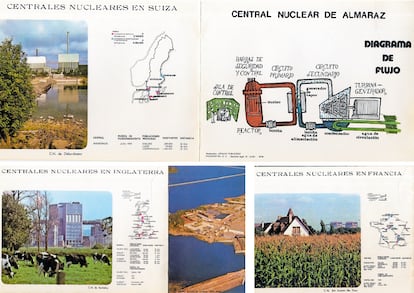 Imágenes de un folleto publicitario de Almaraz de los años 80. En él se explicaba, de un modo didáctico, el funcionamiento de la central y se destacaba la apuesta de otros países por la energía nuclear, como Suecia, Inglaterra y la gran potencia, Francia.