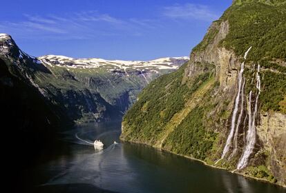 Las Siete Hermanas del fiordo Geiranger, uno de los paisajes más grandiosos de Noruega, declarado patrimonio mundial por la Unesco.