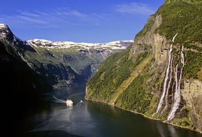 Las Siete Hermanas del fiordo Geiranger, uno de los paisajes más grandiosos de Noruega, declarado patrimonio mundial por la Unesco.