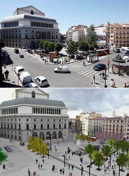 Imagen de la situación actual de la plaza de Isabel II. Abajo, recreación de cómo quedará tras la reforma.