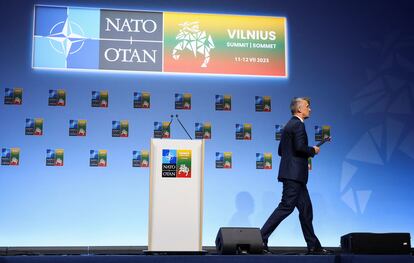 NATO Secretary-General Jens Stoltenberg speaks to the press in Vilnius on Monday.