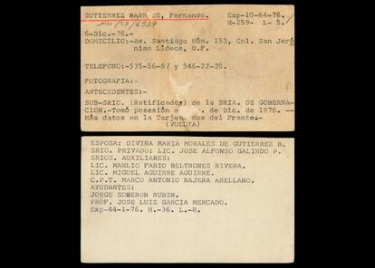 Una ficha de la DFS muestra datos de Gutiérrez Barrios y a Soberón como su ayudante. El agente fue señalado por Garro como uno de sus guardianes en el Hotel Casa Blanca