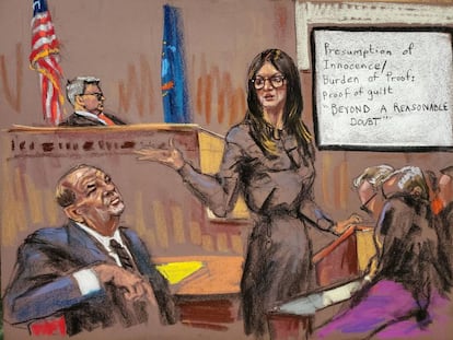 Dibujo de la abogada de Harvey Weinstein, Donna Rotunno, junto al acusado en la corte.