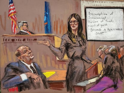 Dibujo de la abogada de Harvey Weinstein, Donna Rotunno, junto al acusado en la corte.