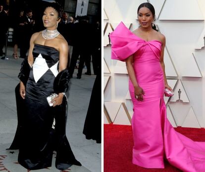 La actriz y directora Angela Bassett, en los premios Oscar de 2001 y en los de 2019.