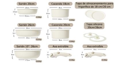 Este conjunto de 11 sartenes y cazuelas, hecho en granito blanco, es apto para una gran variedad de preparaciones.