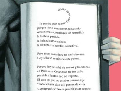 Ilustración de Fernando Vicente, en la que se incluye un fragmento de <i>Poema de amor porque no sé escribirte otra cosa,</i> de Ben Clark.