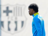 Lamine Yamal, en el último entrenamiento del Barcelona.