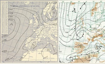 Mapas meteorológicos del 19 de julio de 1932 (izquierda) y del 24 de diciembre de 1970 (derecha), este último durante el inicio de una de las mayores olas de frío en España. Con la salvedad de que uno es estival y el otro invernal, muestran una disposición atmosférica similar de advección de aire muy frío hacia España.