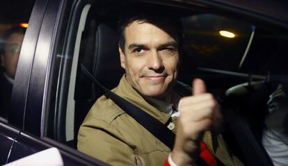 El candidato del PSOE, Pedro Sánchez, a su llegada a Ferraz.
