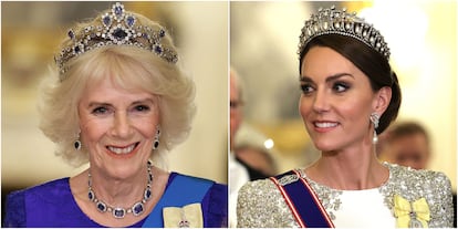 La reina consorte, Camila, y la princesa de Gales, Kate, asisten al primer banquete oficial desde la proclamación de Carlos III como rey.