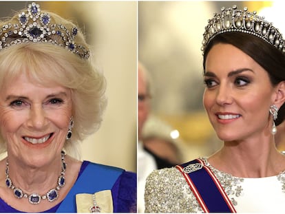 The Queen Consort, Camilla, and the Princess of Wales, Kate, attend the first state banquet since the proclamation of Charles III as king.