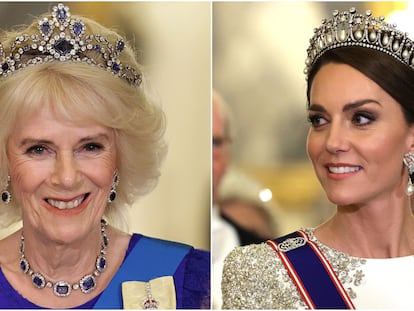 La reina consorte, Camila, y la princesa de Gales, Kate, asisten al primer banquete oficial desde la proclamación de Carlos III como rey.