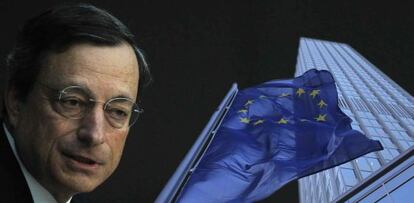 Draghi, ante una imagen de la torre del BCE.