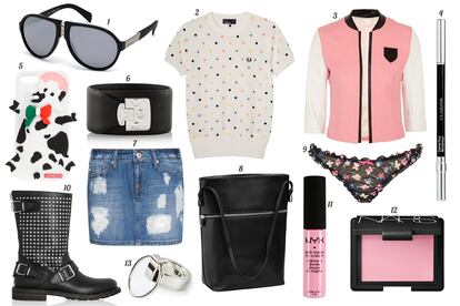 1. Diesel Gafas de sol con montura de pasta y metal. 2. Fred Perry Jersey de manga corta con print de lunares. 3. Karl Lagerfeld Chaqueta tricolor. 4. Clarins Lápiz de ojos waterproof. 5. Moschino Funda con vaca en relieve para iPhone 5. 6. Gucci Brazalete de piel con cierre de metal. 7. Mango Mini vaquera con efecto desgastado. 8. & Other Stories Bolso de piel con bolsillo exterior. 9. Topshop Tanga de gasa con print de flores. 10. Burberry Bota motera de piel con tachuelas. 11. NYX Barra de labios en crema efecto mate. 12. NARS Colorete “Final Cut”. 13. Ruifier Anillo de plata.