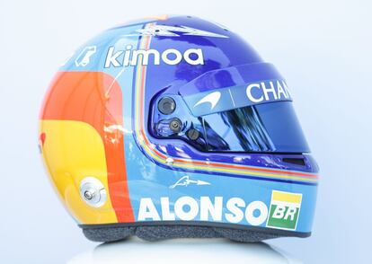 Casco del piloto español Fernando Alonso antes del Gran Premio de Australia de la Fórmula 1, el 22 de marzo de 2018.