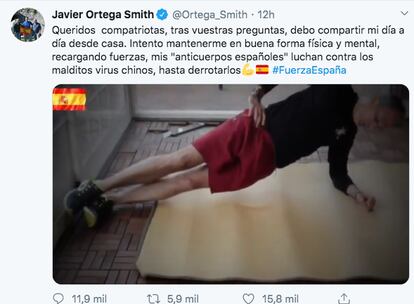 Tuit de Ortega Smith en el que habla de luchar con "anticuerpos españoles" contra el "virus chino".