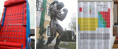 Muro de escalada, estatua de Arnold Schwarzenegger y cortina de baño con la tabla periódica.