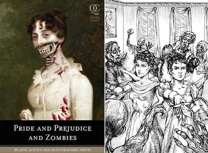 Portada e ilustración de <i>Pride and prejudice and zombies (Orgullo y prejuicio y zombies),</i> de Seth Grahame-Smith.