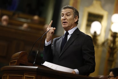 El líder del PP, Alberto Núñez Feijóo, este miércoles durante su intervención en el Congreso. 