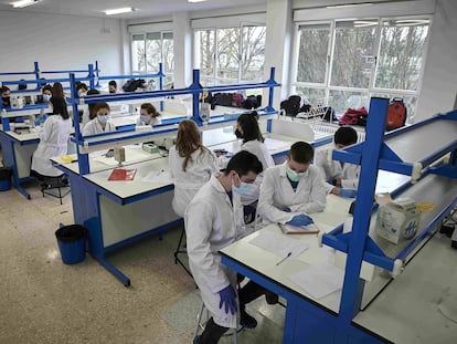 Alumnos del grado en Biotecnología de la Universidad Pública de Navarra, este lunes.