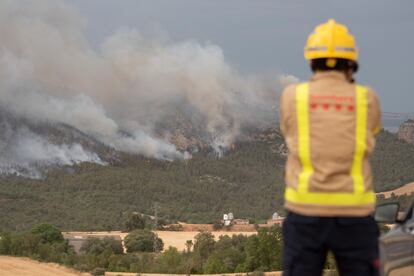 Trabajos de extinción del incendio forestal en Artesa de Segre (Lleida), este miércoles. 