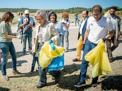 La reina Sofía (centro) recolecta residuos junto a voluntarios, este sábado, en Madrid.