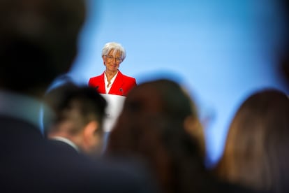 La presidenta del BCE, Christine Lagarde, durante la rueda de prensa de este jueves.