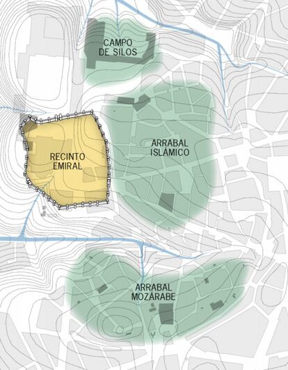 Mapa con las zonas donde los distintos historiadores sitúan la alcazaba o recinto emiral, el arrabal islámico y el arrabal mozárabe del Madrid medieval, según el libro 'Mayrit. Guía ilustrada del Madrid medieval'.