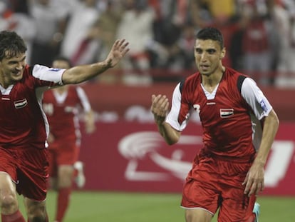 Futbolistas sirios celebran uno de los goles en su &uacute;ltima victoria ante Catar.