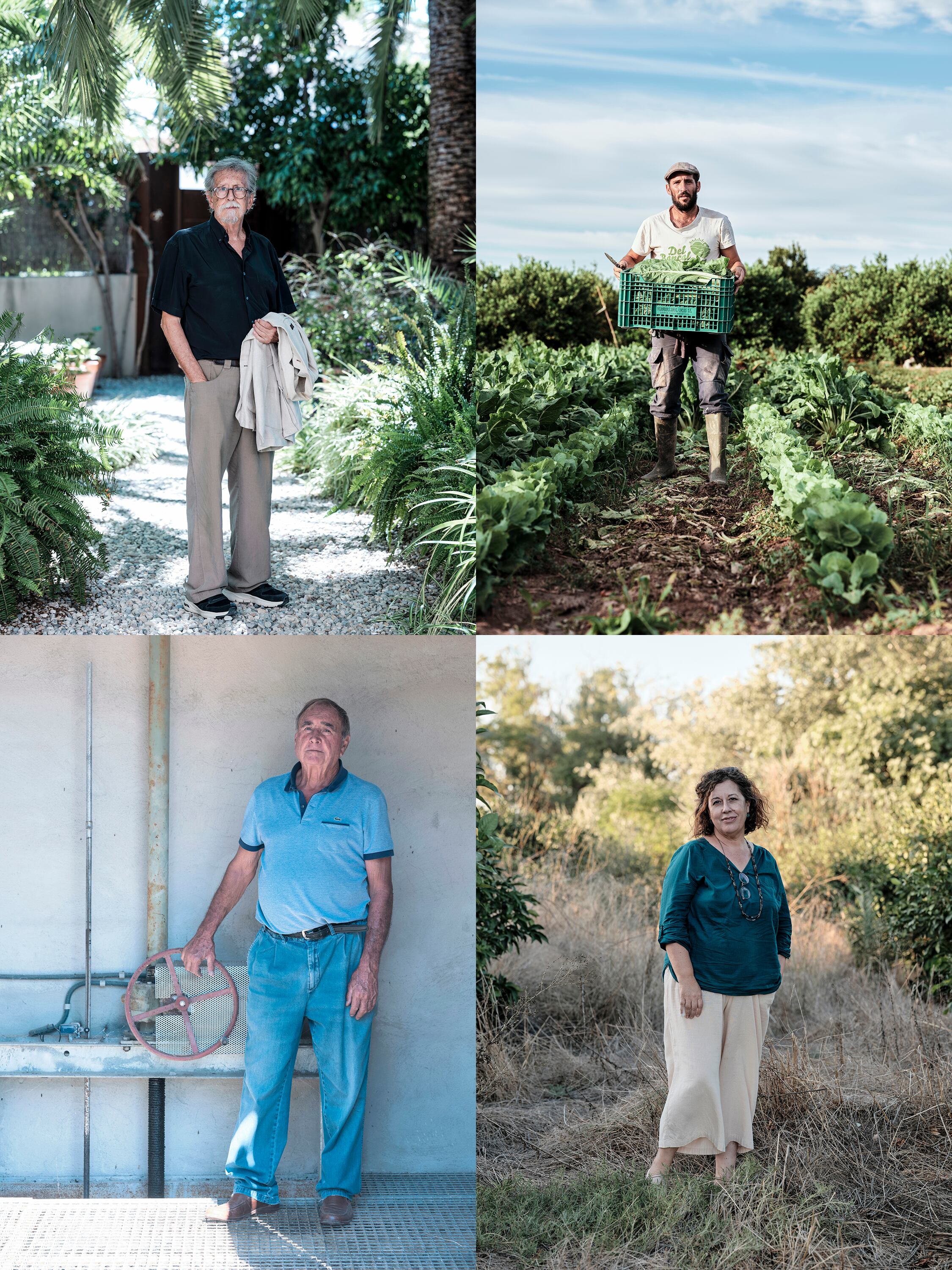 Arriba a la izquierda, el arquitecto Fernando de Retes, miembro de Huerta Viva; a la derecha, Alfonso Ruiz, agricultor de la Vega Baja del valle;  abajo a la izquierda, Benito Abellán, exsobreacequiero de la Junta de Hacendados y, a la derecha, Ángeles Moreno, fundadora de Huermur.