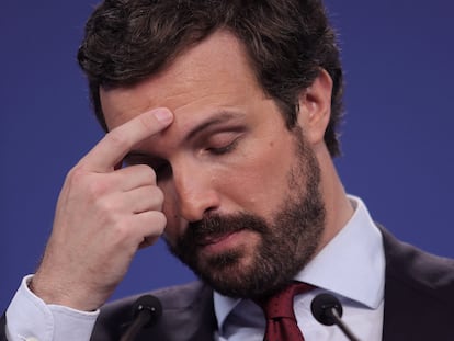 El presidente del PP, Pablo Casado, durante una rueda de prensa en la sede del partido el 29 de julio.