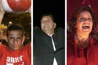 Los candidatos presidenciales peruanos, en sus cierres de campaña. De izquierda a derecha, Ollanta Humala, Alan García y Lourdes Flores.