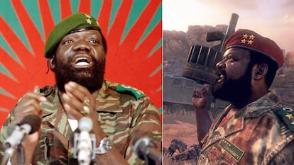El rebelde angoleño Jonas Savimbi y su personaje en el videojuego.