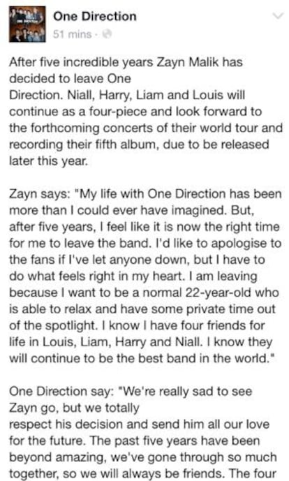 Comunicado de Zayn Malik anunciando su salida de la banda.