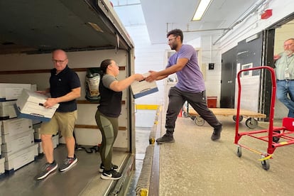 Boxes of signatures are delivered to Republican Ohio Secretary of State Frank LaRose's office in downtown Columbus, Ohio, Wednesday, July 5, 2023