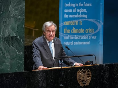 Antonio Guterres, en su intervención en el 75º aniversario de la ONU, este lunes en Nueva York.