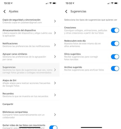 Configura las sugerencias de Google Fotos en el móvil.
